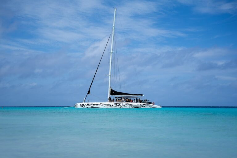Catamaran sails on clear turquoise waters under a vibrant sky in Curaçao, showcasing leisure and tropical beauty.